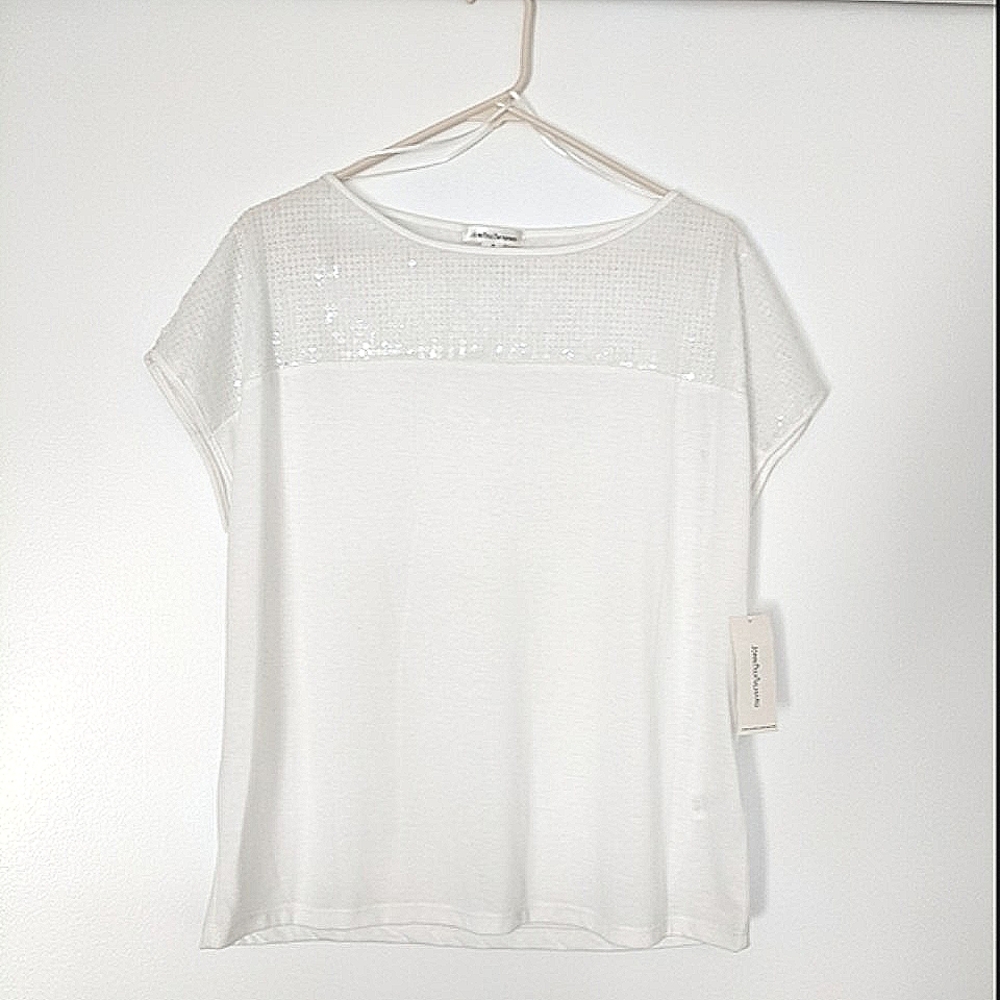 JohnPaulRichard White Short Sleeve Sequined Dressy Shirt size S